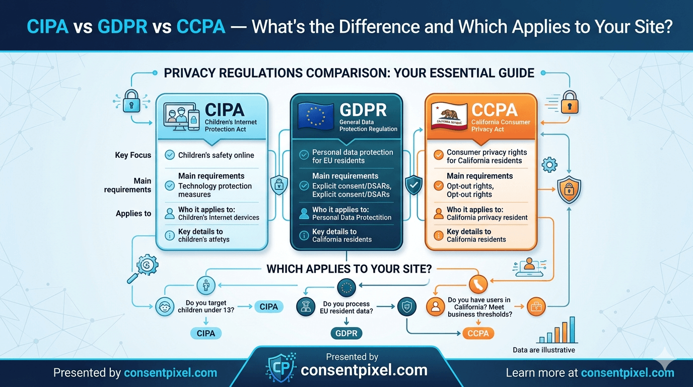 CIPA vs GDPR vs CCPA — What's the Difference and Which Applies to Your Site?